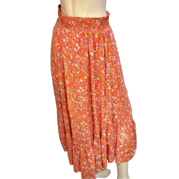 Free People Orange Floral Maxi Ruffle Skirt Large - Picture 6 of 12